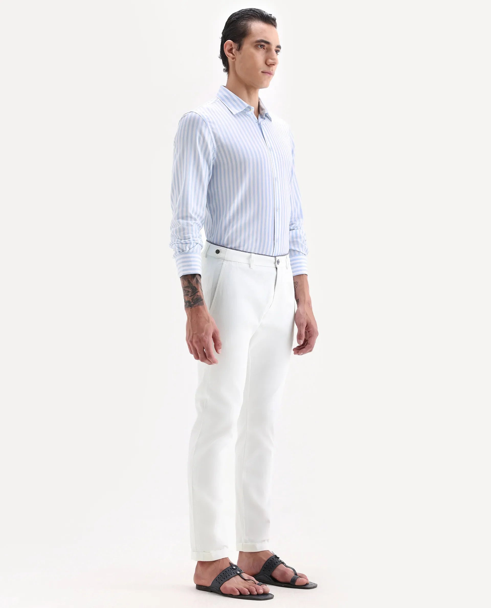 Rare Rabbit Men's Trews-22 White Cotton Plain Regular Fit Trouser