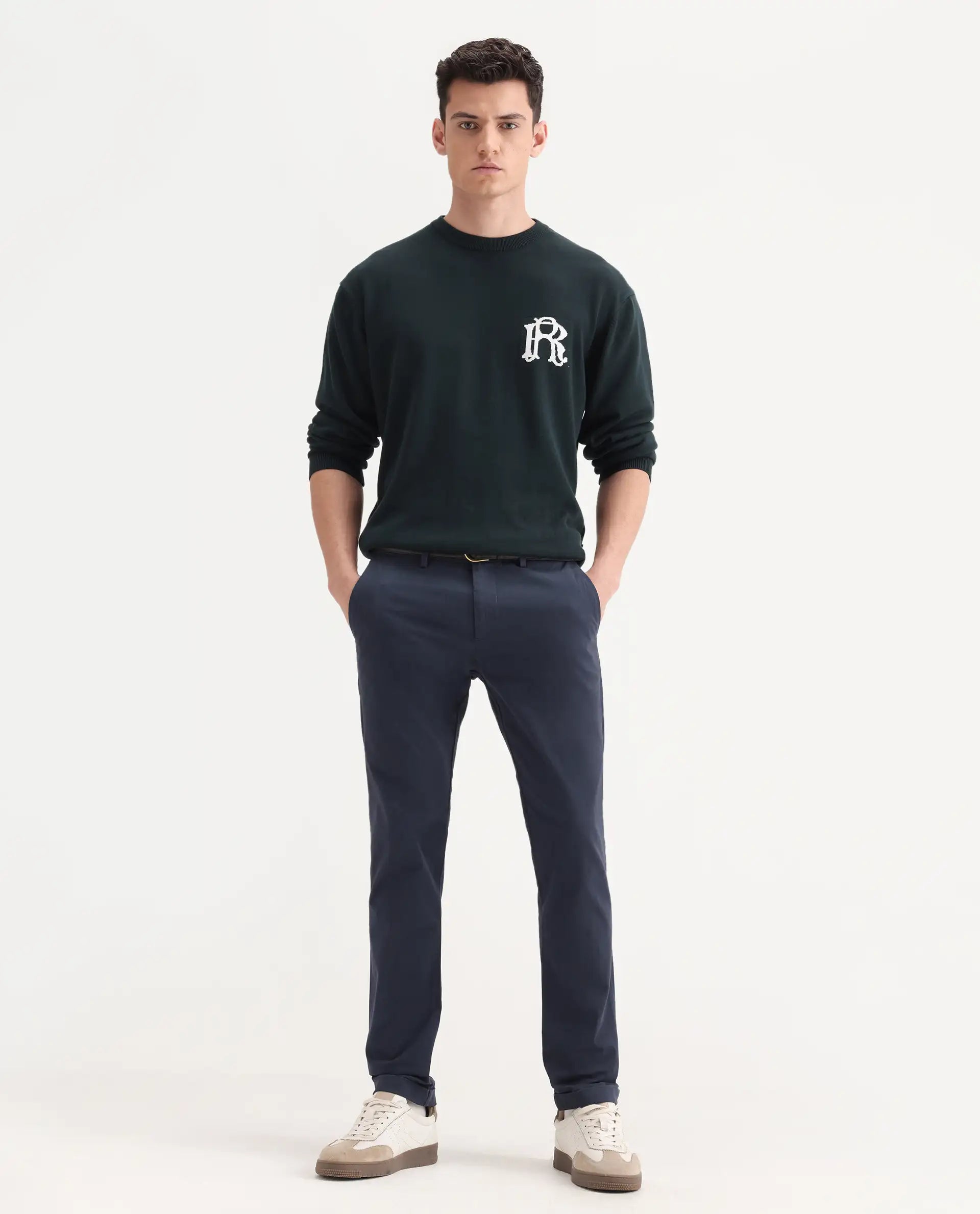 Rare Rabbit Men's Trews-22 Navy Cotton Plain Regular Fit Trouser
