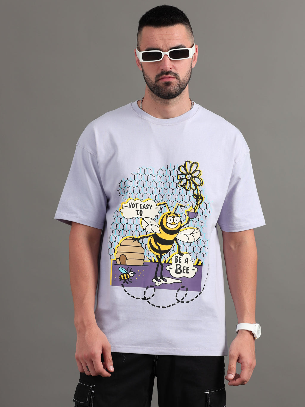 Men Bee Happy Lavender Oversized T-Shirt