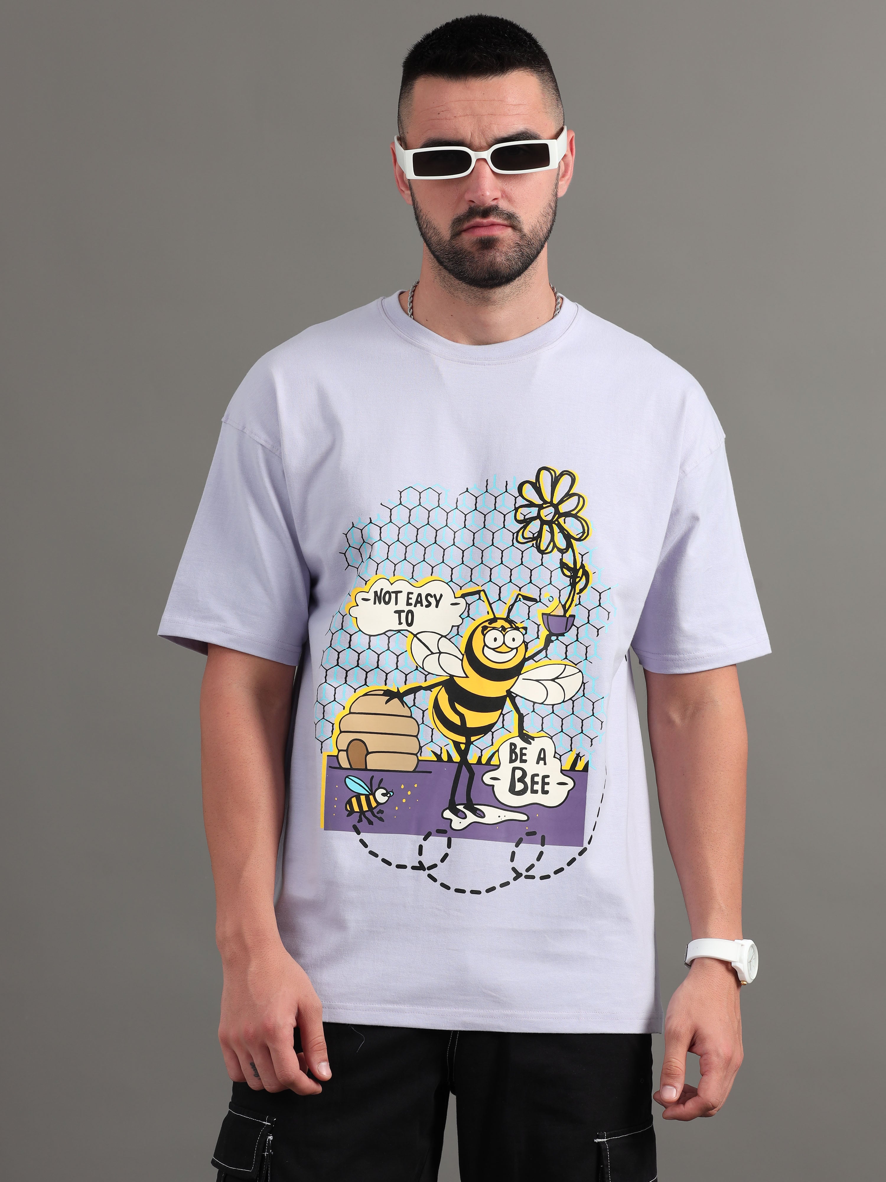 Men Bee Happy Lavender Oversized T-Shirt