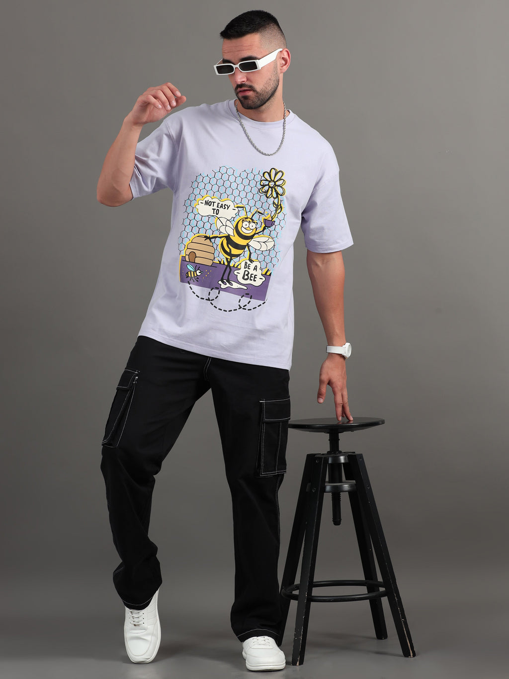 Men Bee Happy Lavender Oversized T-Shirt