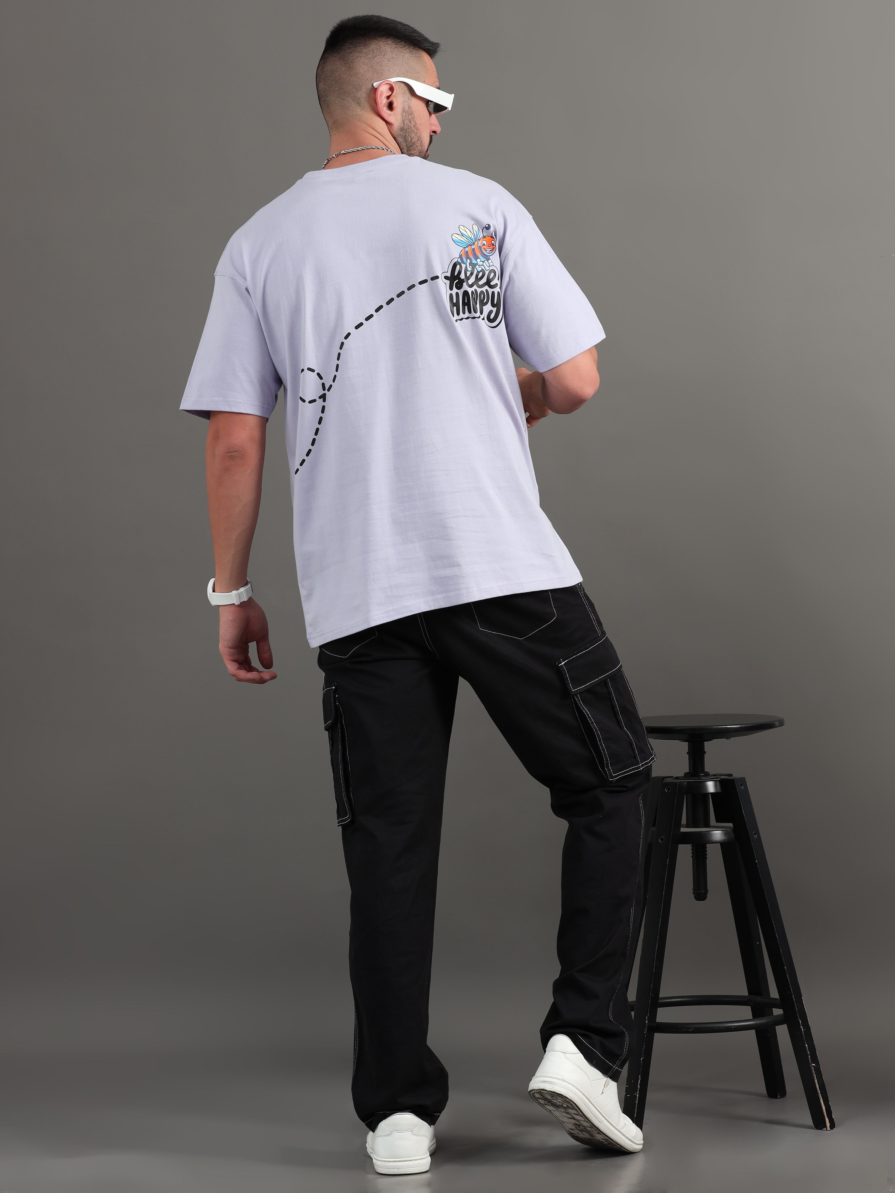 Men Bee Happy Lavender Oversized T-Shirt