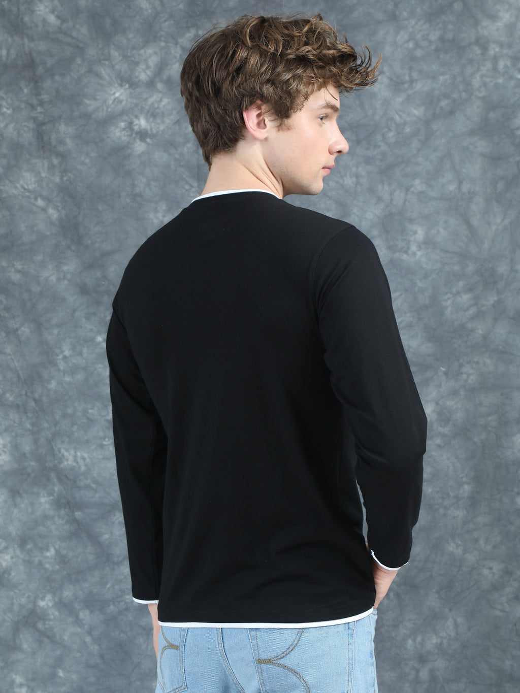 Men Piped Solid Black Full Sleeve T-Shirt