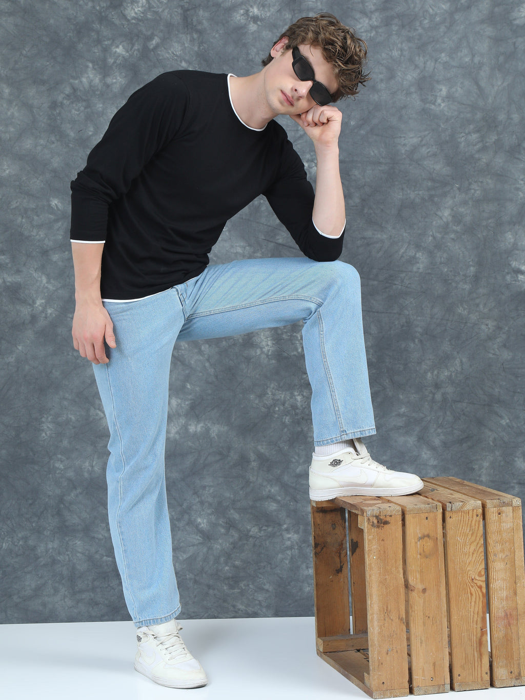 Men Piped Solid Black Full Sleeve T-Shirt