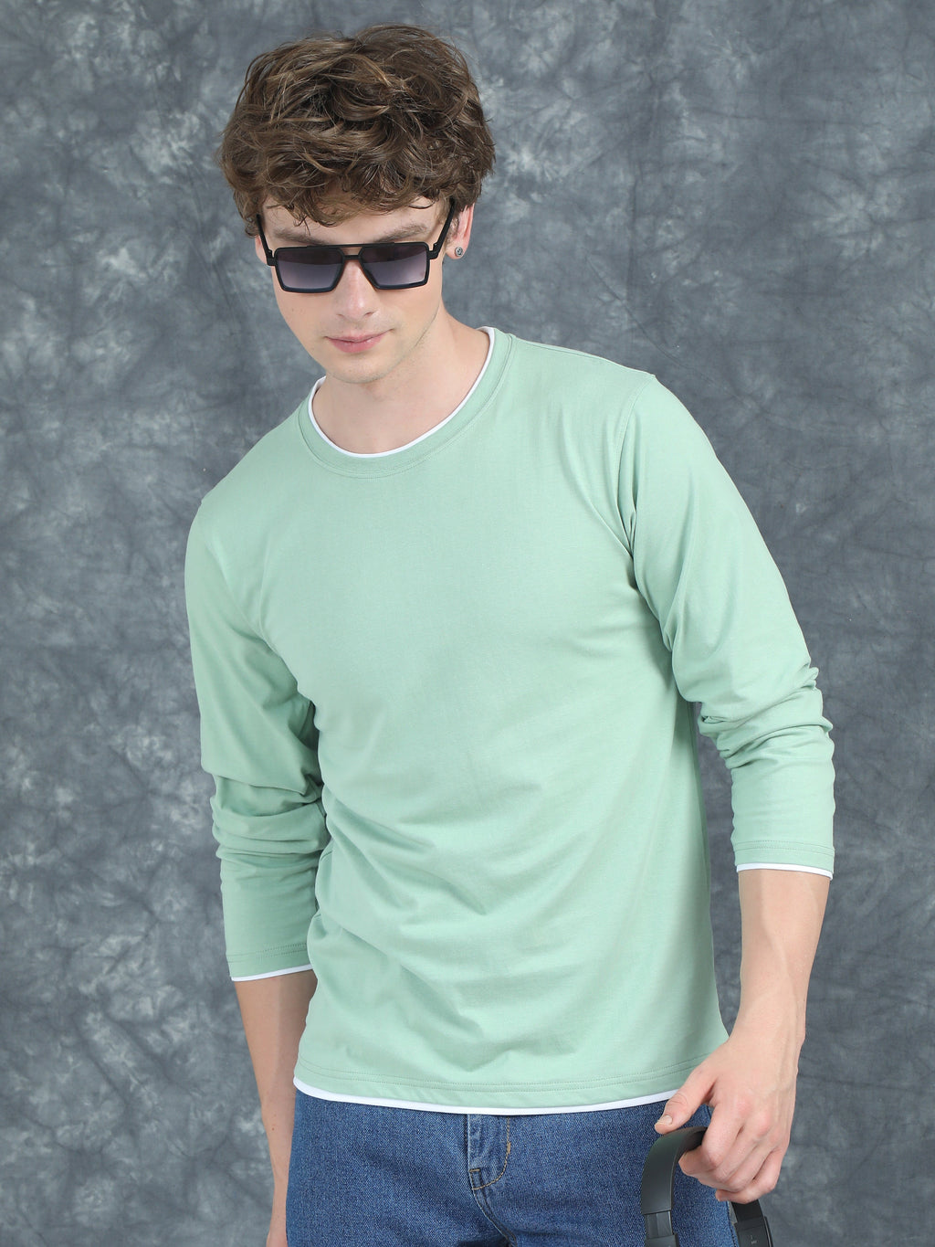 Men Piped Solid Green Full Sleeve T-Shirt