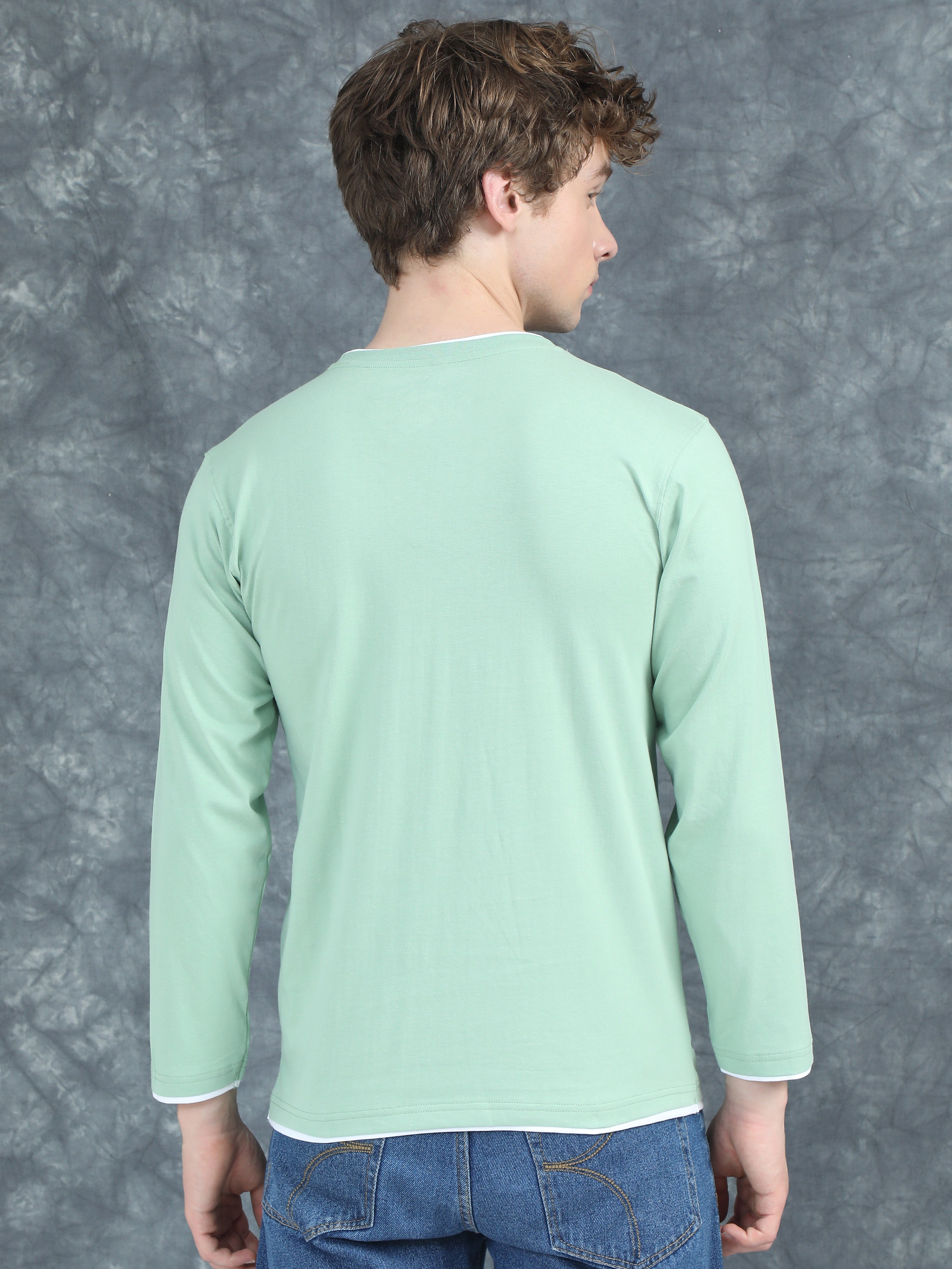 Men Piped Solid Green Full Sleeve T-Shirt