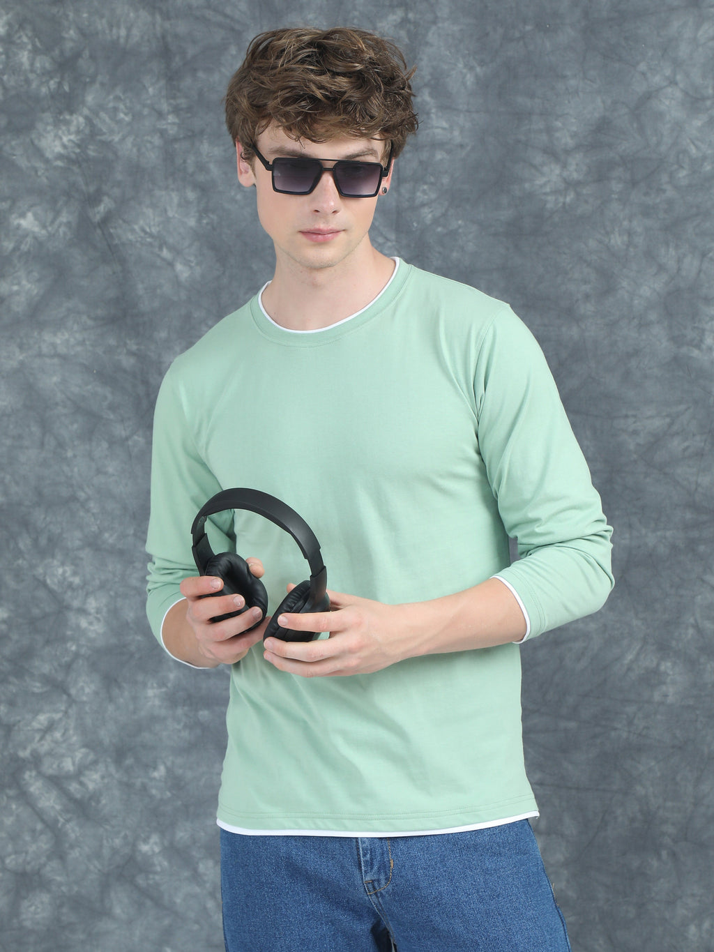 Men Piped Solid Green Full Sleeve T-Shirt