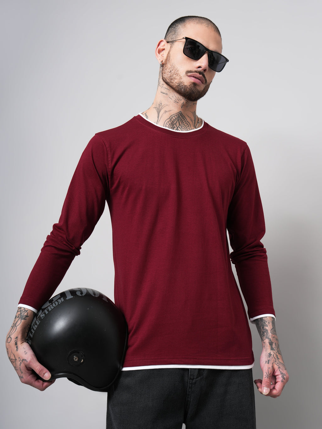 Men Piped Solid Full Sleeve Maroon T-Shirt