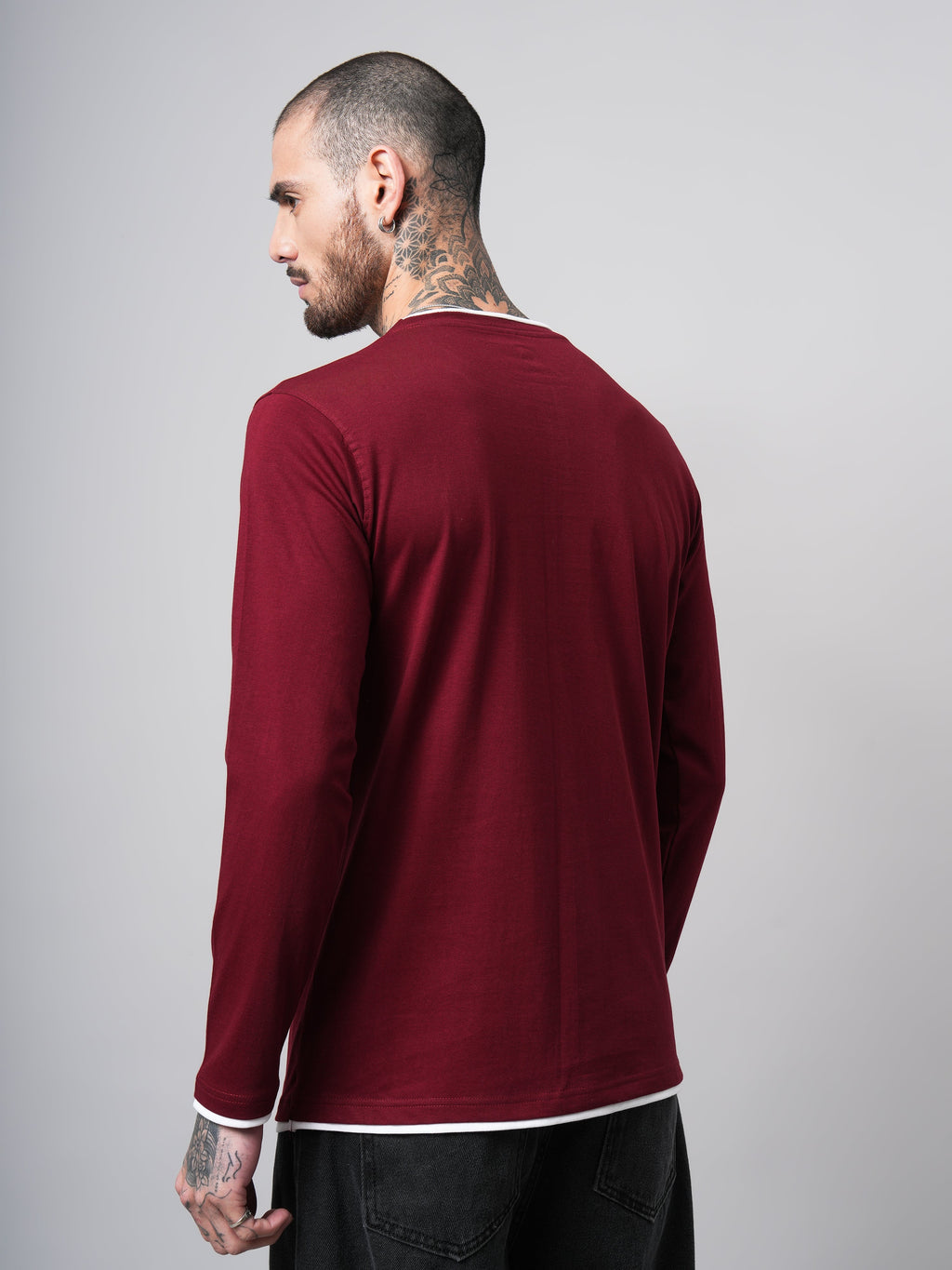 Men Piped Solid Full Sleeve Maroon T-Shirt