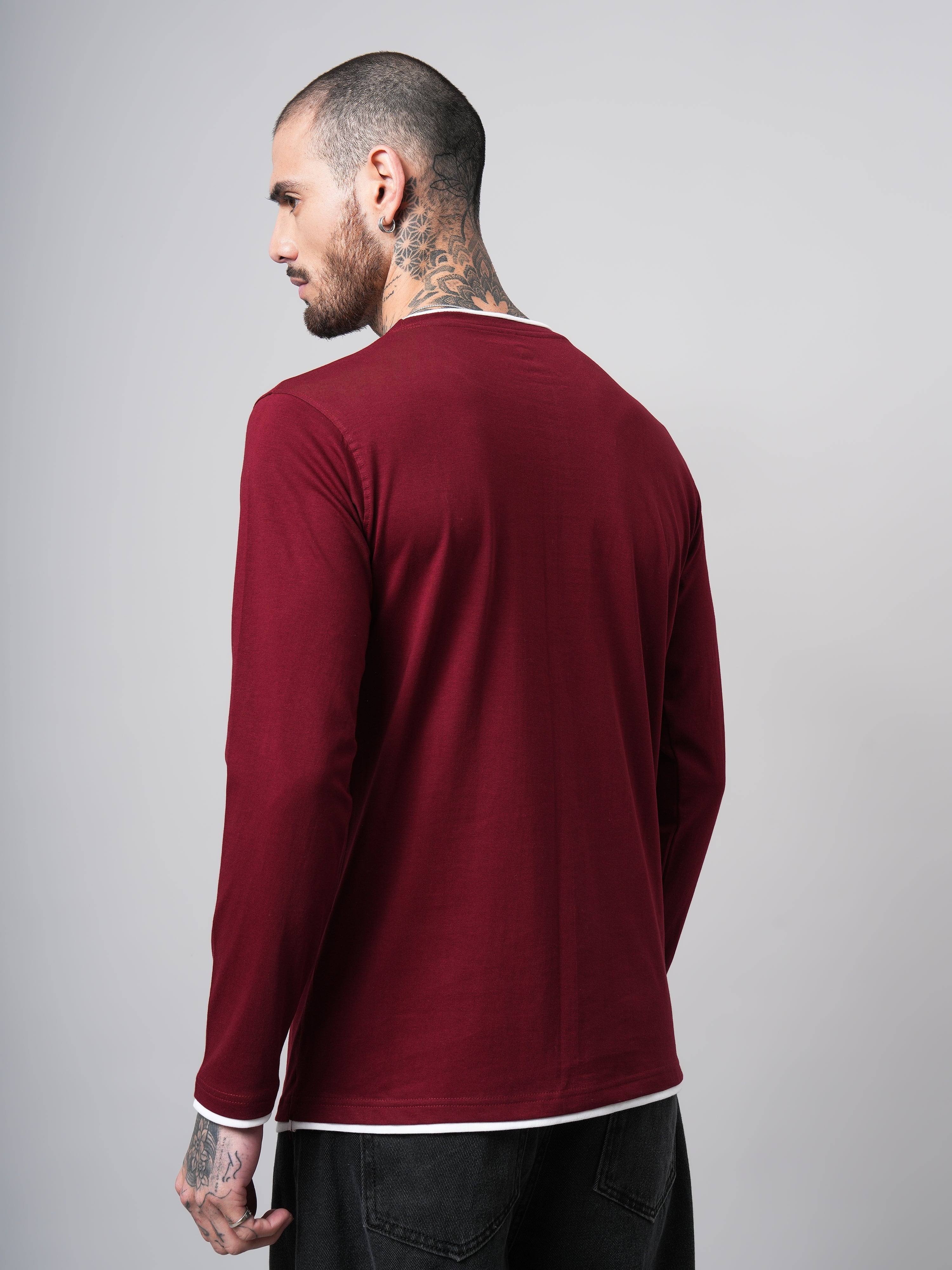 Men Piped Solid Full Sleeve Maroon T-Shirt