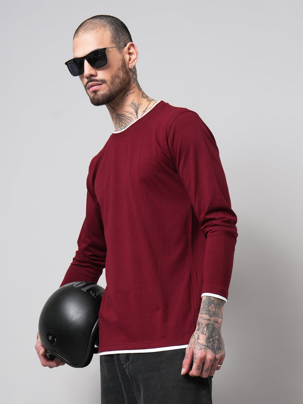 Men Piped Solid Full Sleeve Maroon T-Shirt
