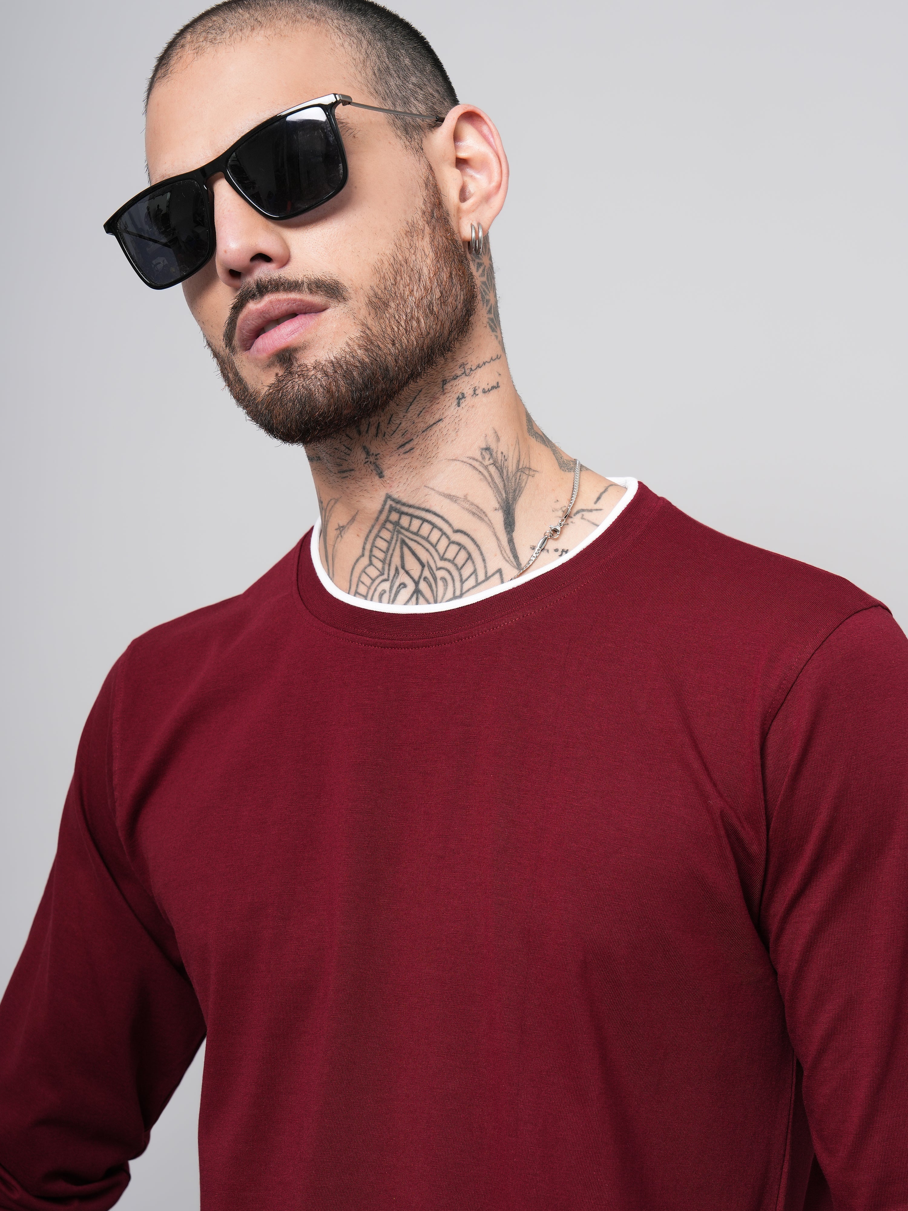 Men Piped Solid Full Sleeve Maroon T-Shirt