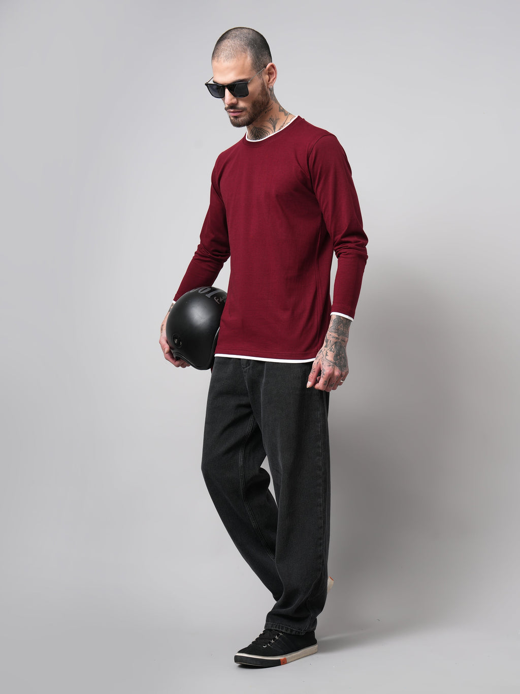 Men Piped Solid Full Sleeve Maroon T-Shirt