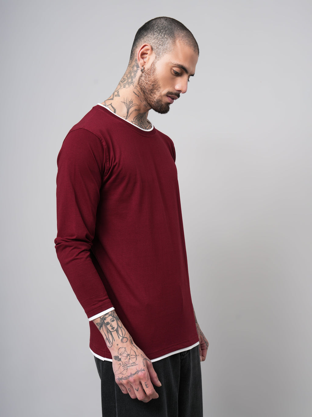 Men Piped Solid Full Sleeve Maroon T-Shirt