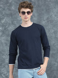 Men Piped Solid Navy Full Sleeve T-Shirt
