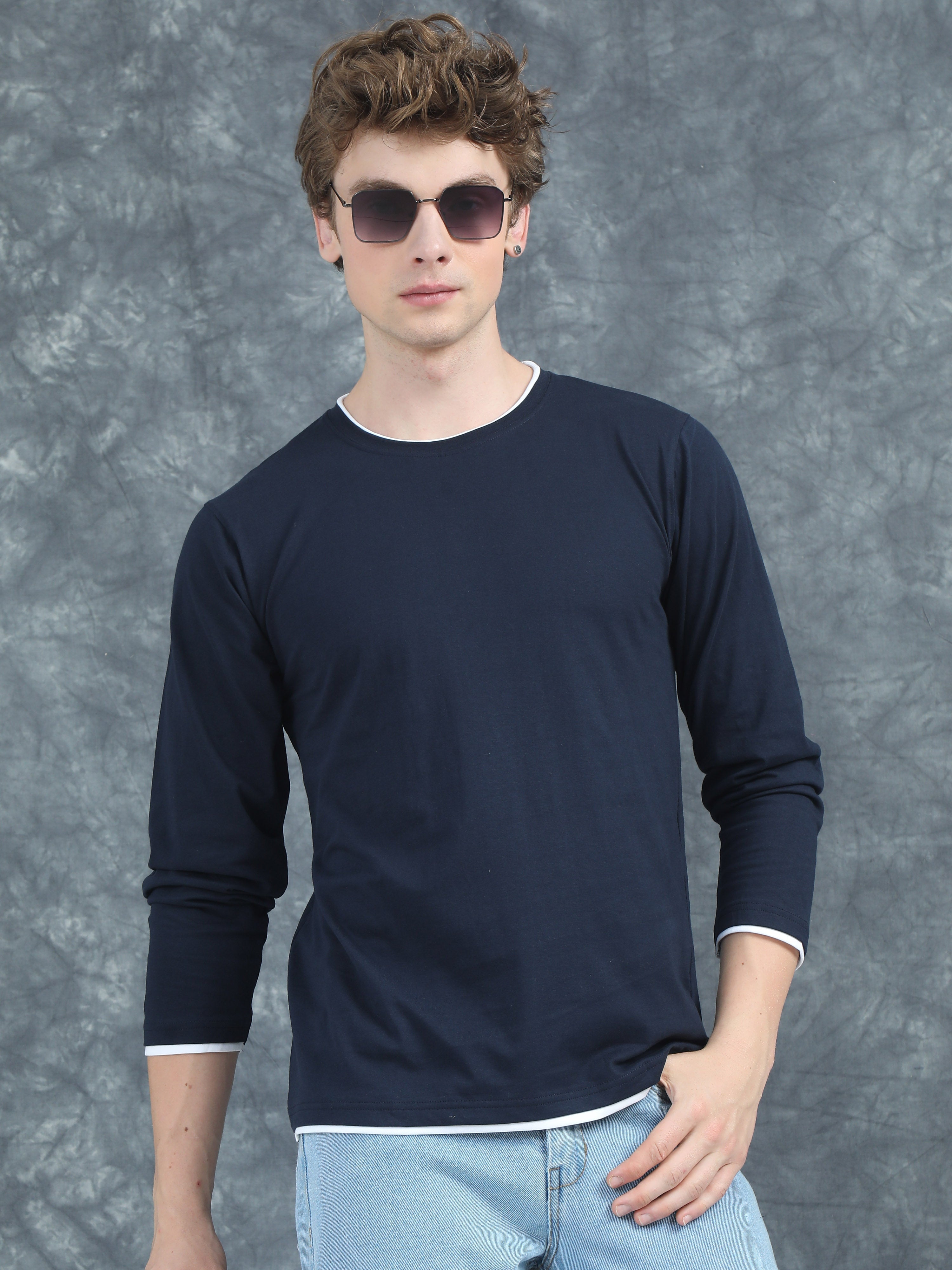 Men Piped Solid Navy Full Sleeve T-Shirt