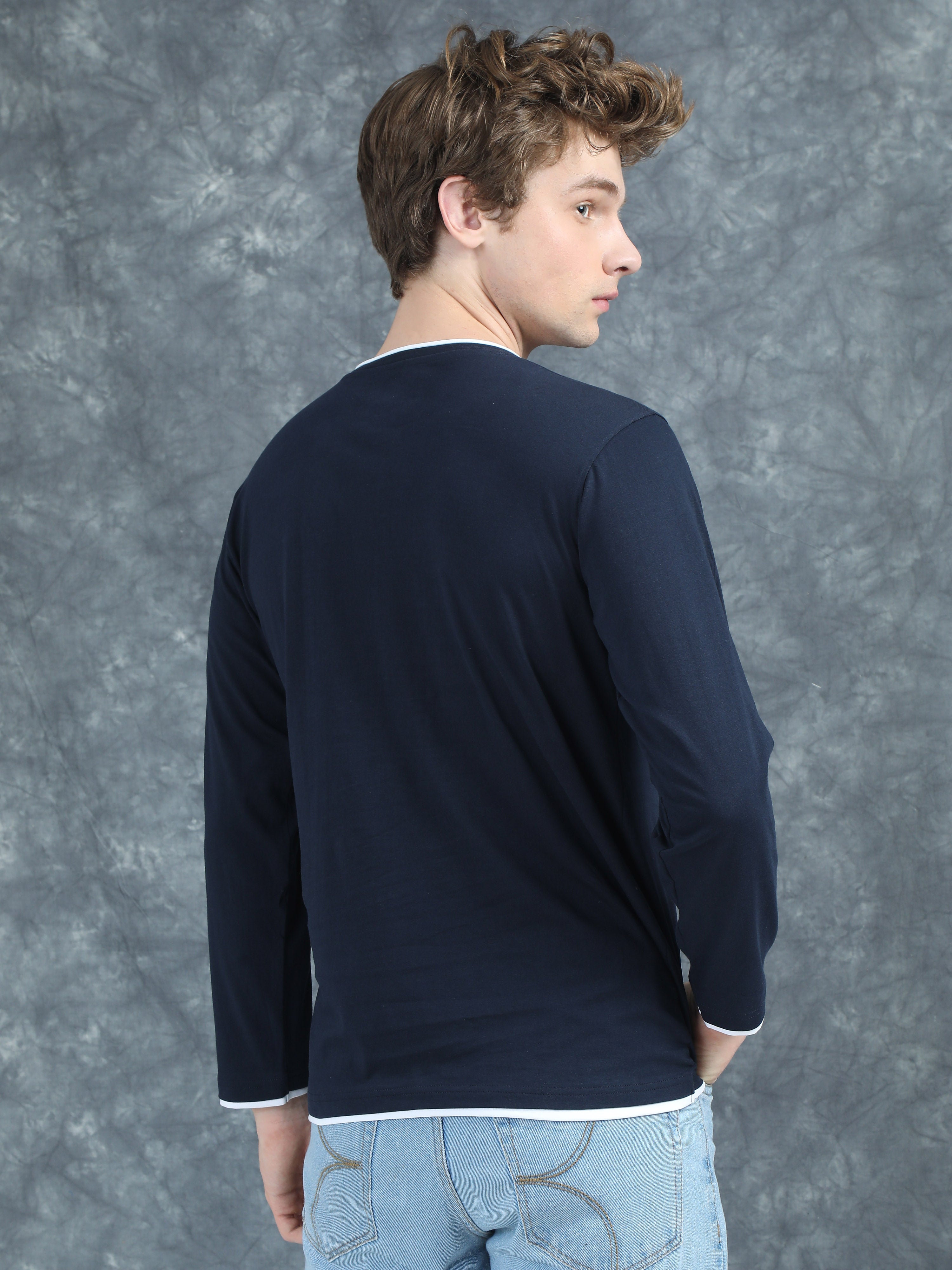 Men Piped Solid Navy Full Sleeve T-Shirt