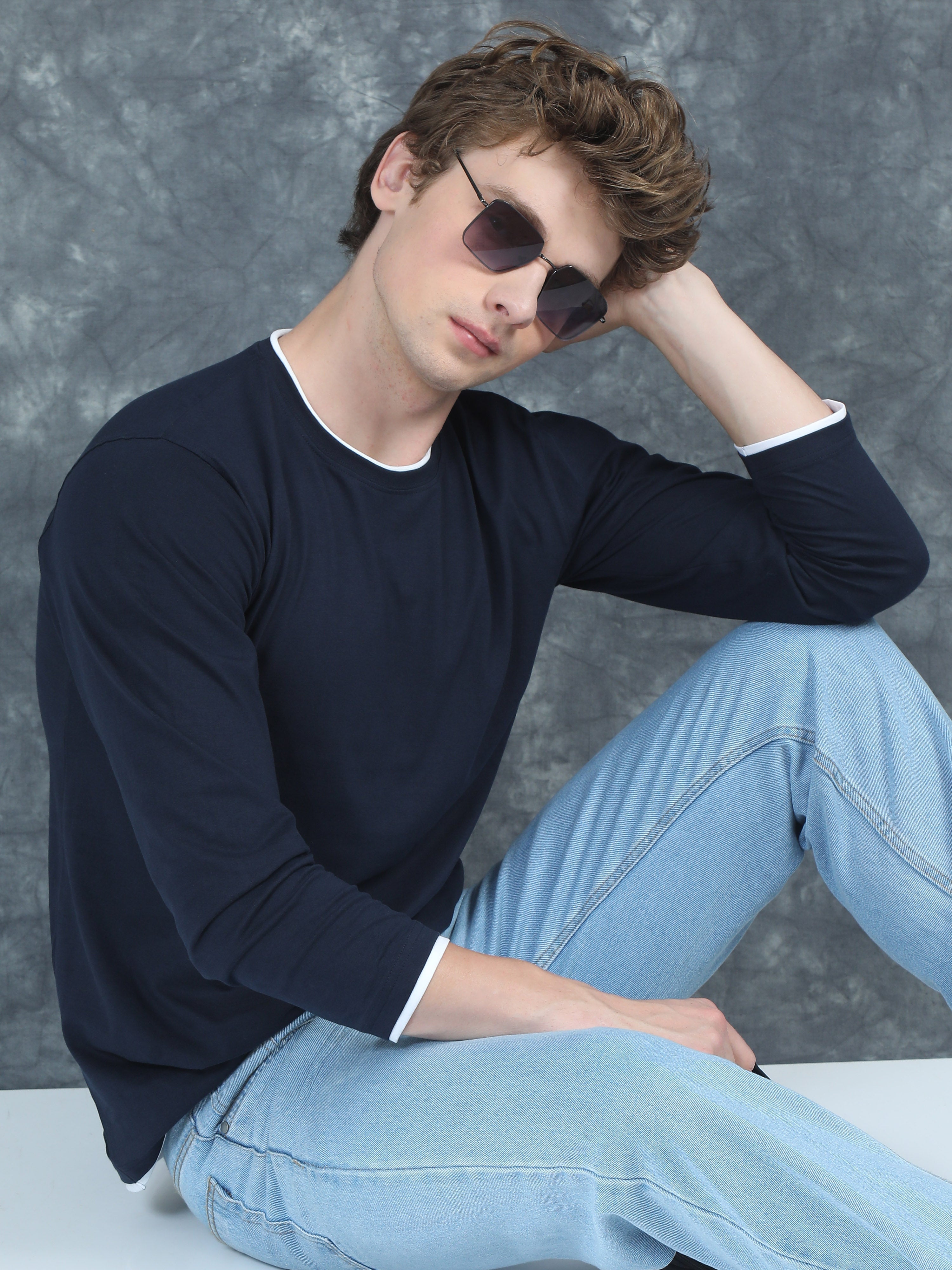 Men Piped Solid Navy Full Sleeve T-Shirt