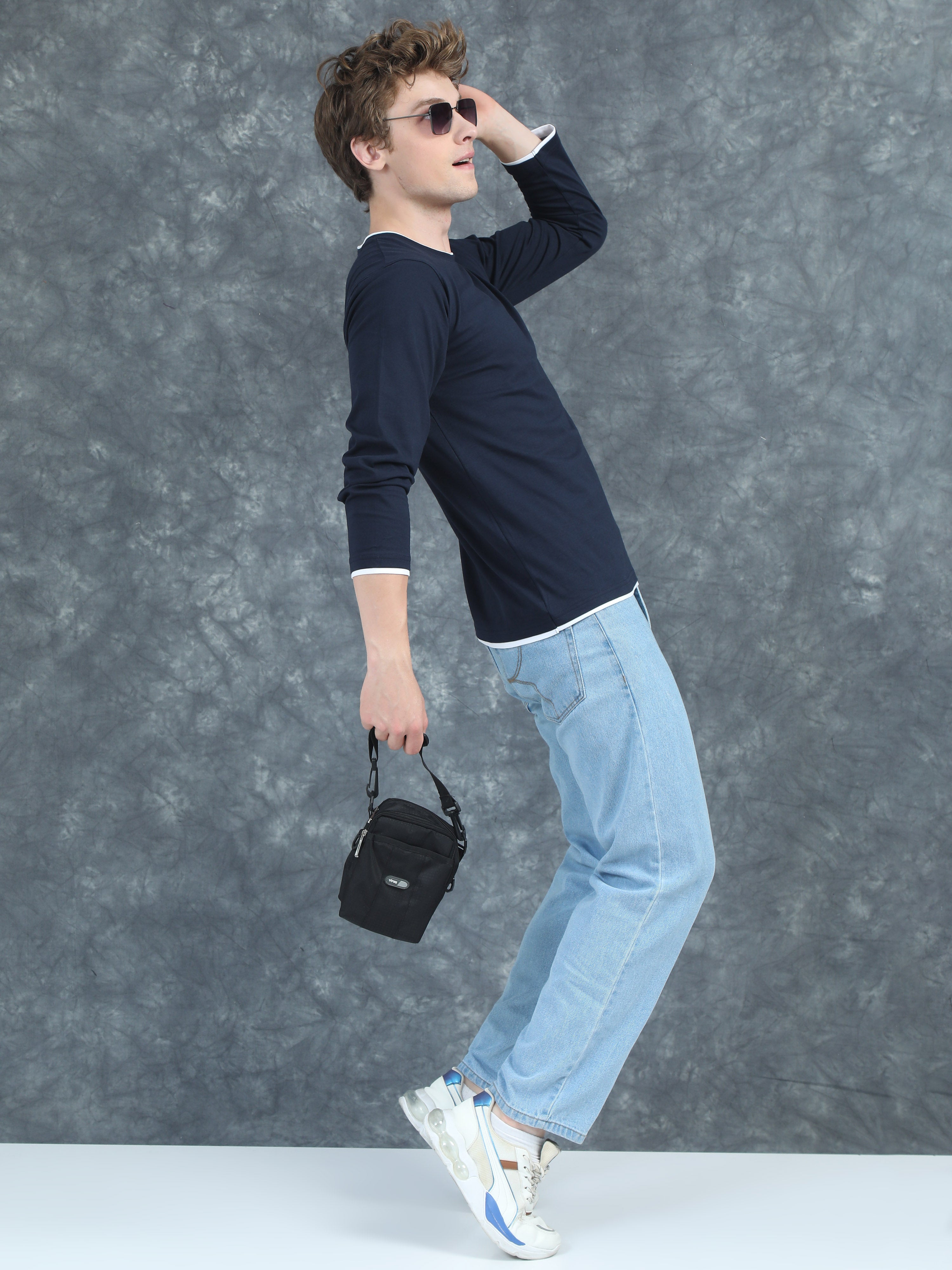 Men Piped Solid Navy Full Sleeve T-Shirt