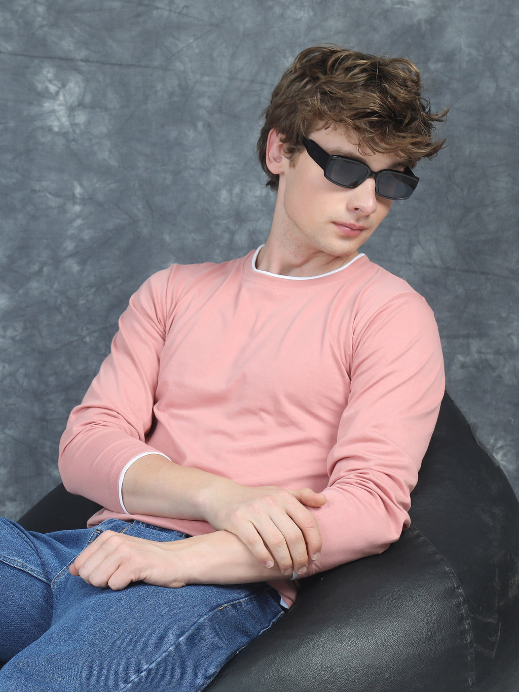 Men Piped Solid Pink Full Sleeve T-Shirt