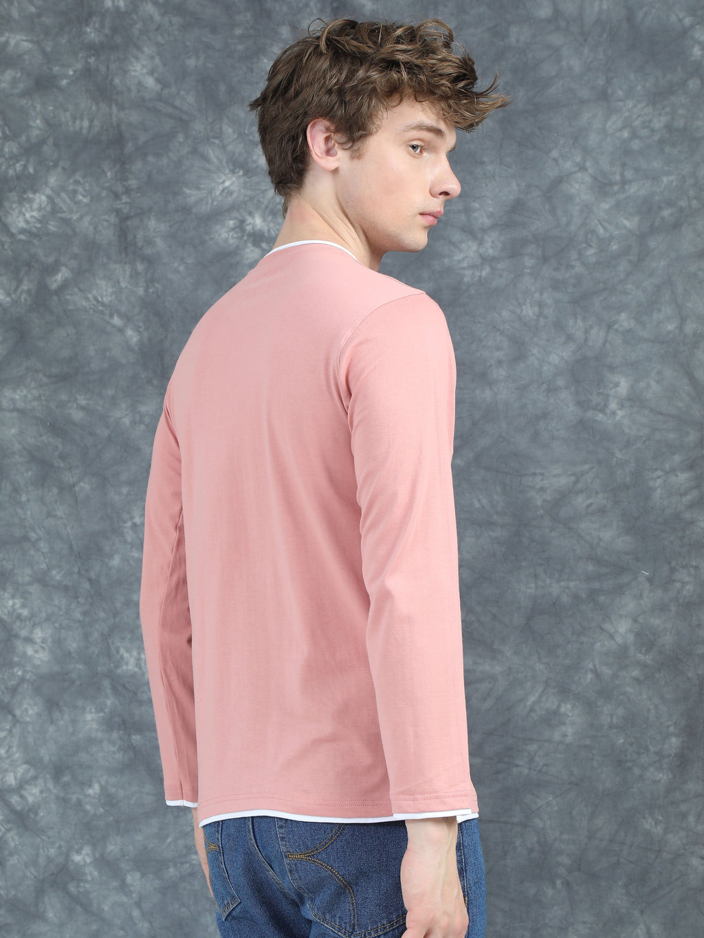 Men Piped Solid Pink Full Sleeve T-Shirt