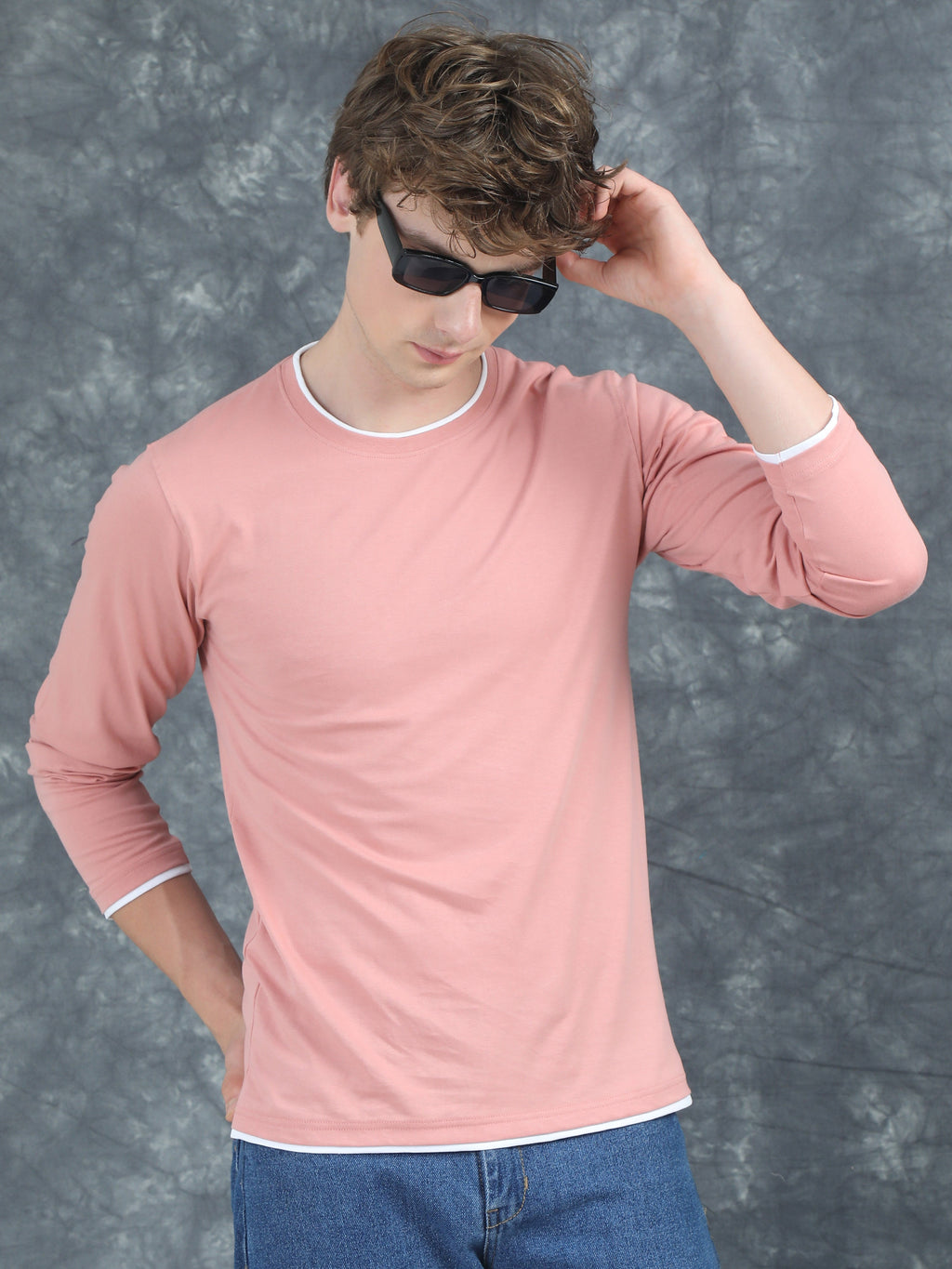 Men Piped Solid Pink Full Sleeve T-Shirt