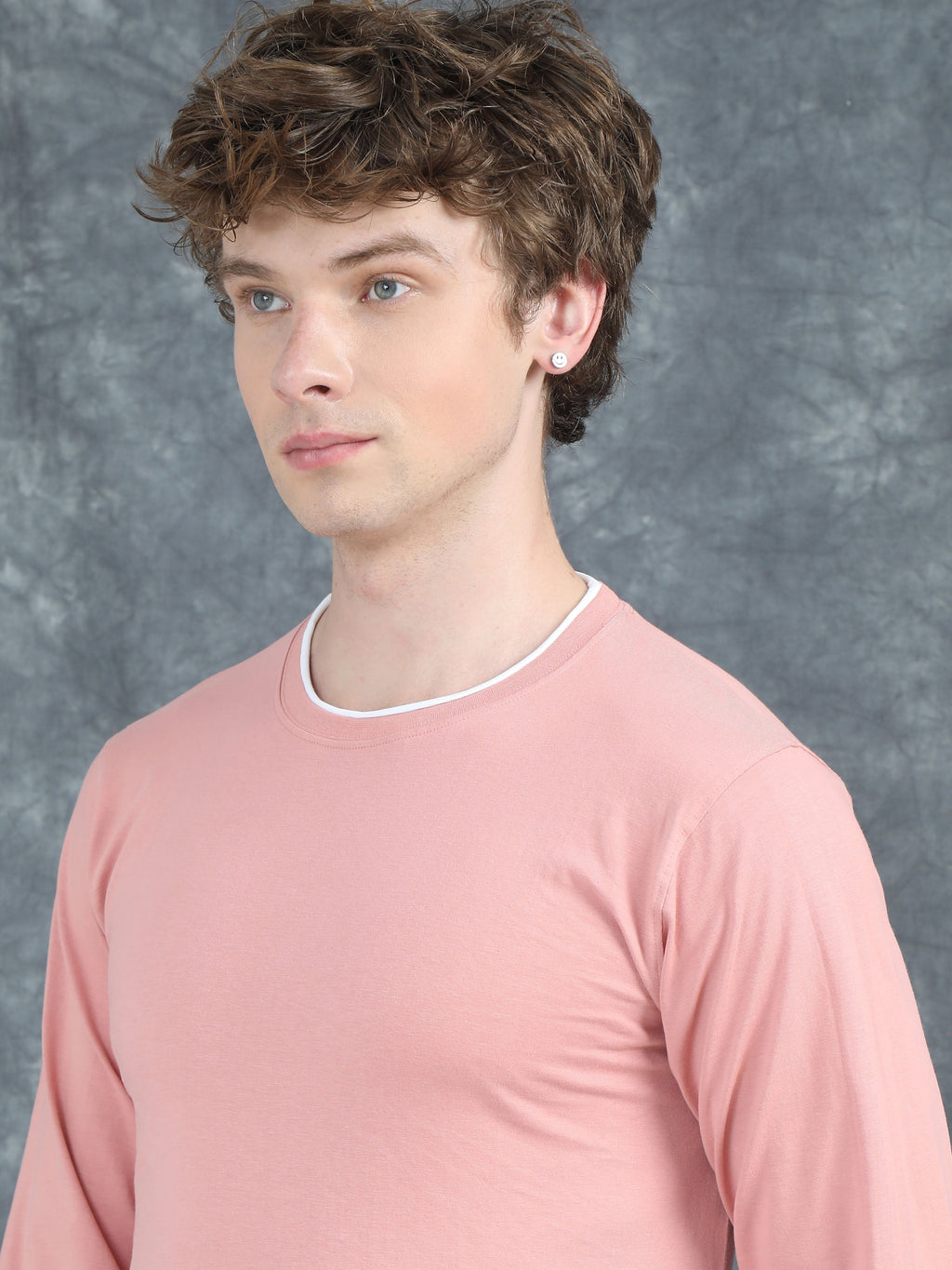 Men Piped Solid Pink Full Sleeve T-Shirt