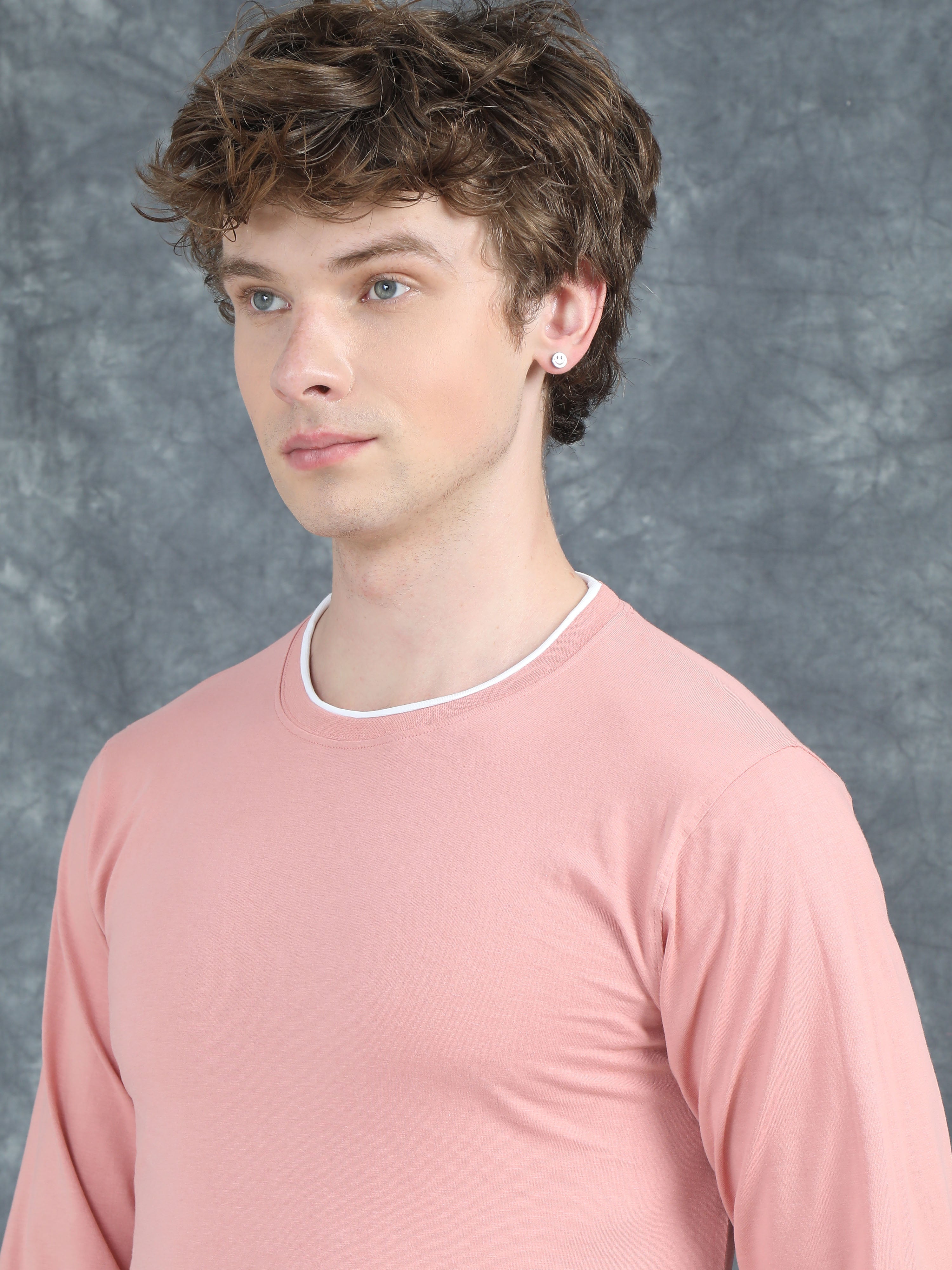 Men Piped Solid Pink Full Sleeve T-Shirt