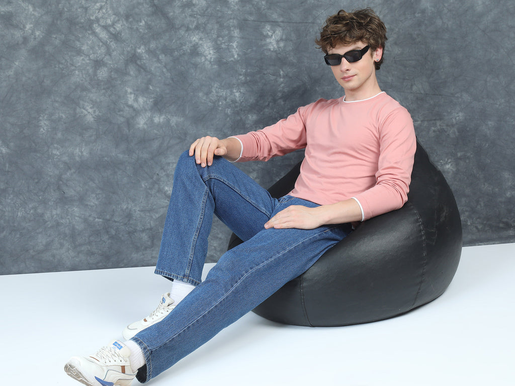 Men Piped Solid Pink Full Sleeve T-Shirt