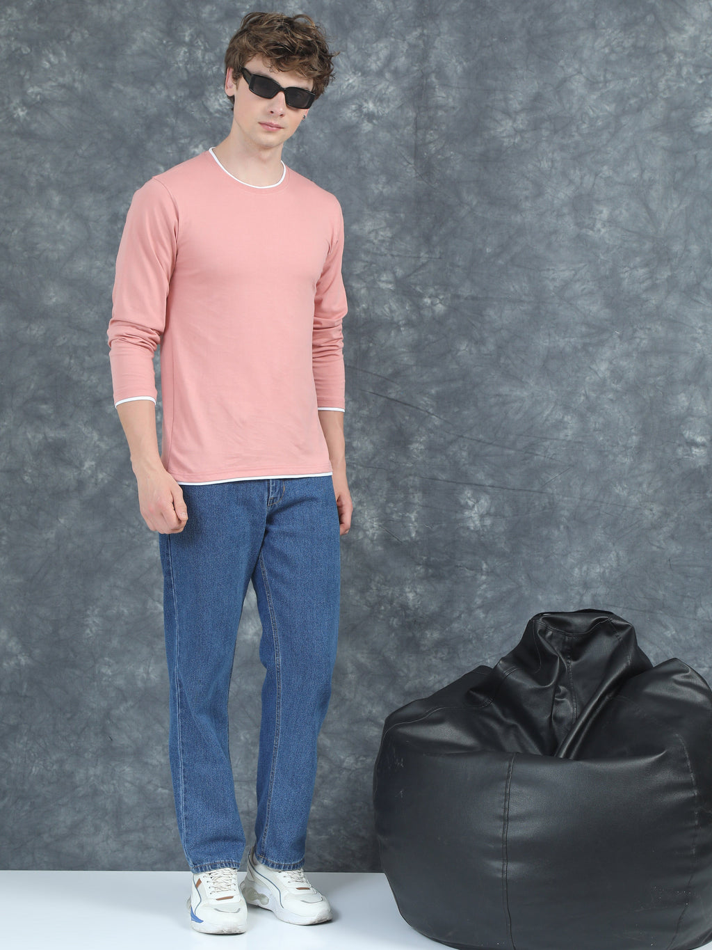Men Piped Solid Pink Full Sleeve T-Shirt