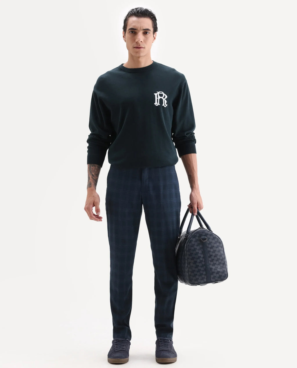 Rare Rabbit Men's Twig Navy Polyester Checked Print Regular Fit Trouser