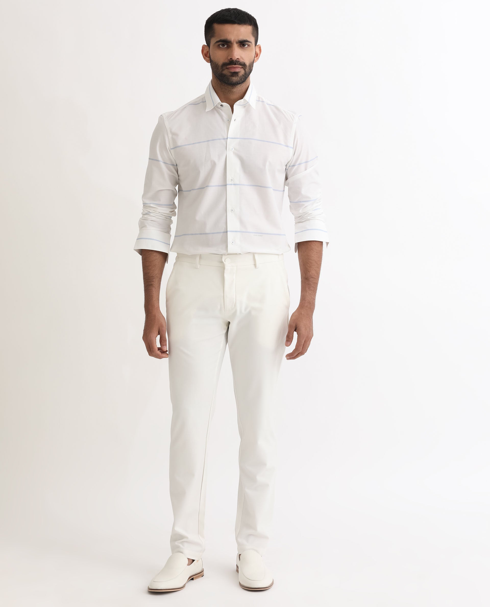 Rare Rabbit Men's Unios- White Cotton Striped Print Regular Fit Full Sleeve Collared Shirt