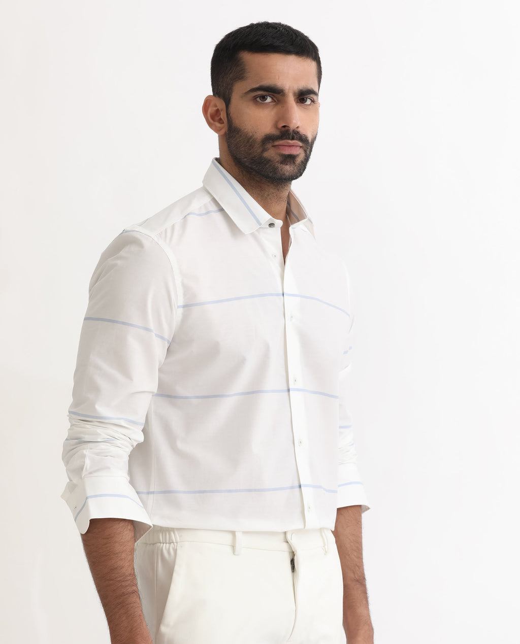 Rare Rabbit Men's Unios- White Cotton Striped Print Regular Fit Full Sleeve Collared Shirt