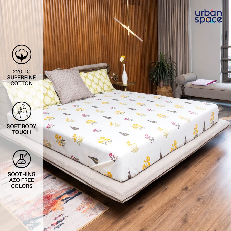 220 TC 100% Cotton printed bedsheet - High Garden Yellow