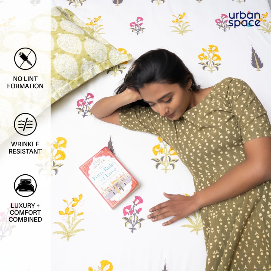 220 TC 100% Cotton printed bedsheet - High Garden Yellow