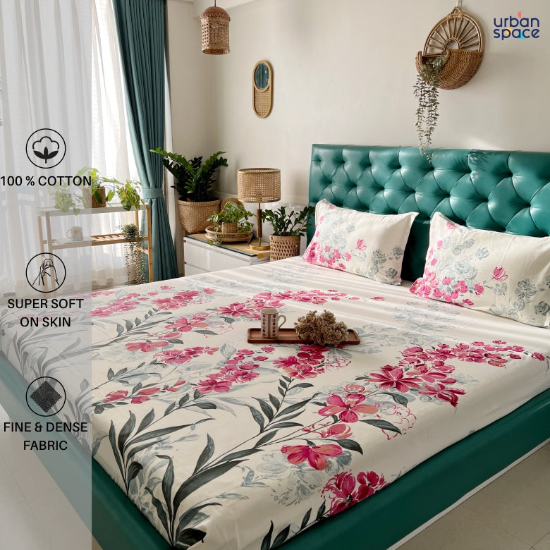 Serene 200 TC 100% Cotton Printed Bedsheet with Pillow Covers - Majestic Pink