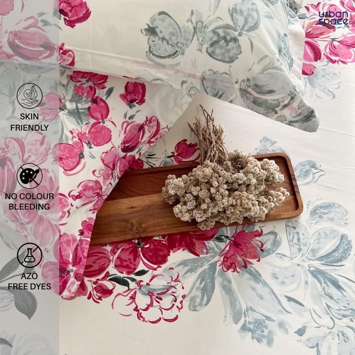 Serene 200 TC 100% Cotton Printed Bedsheet with Pillow Covers - Majestic Pink