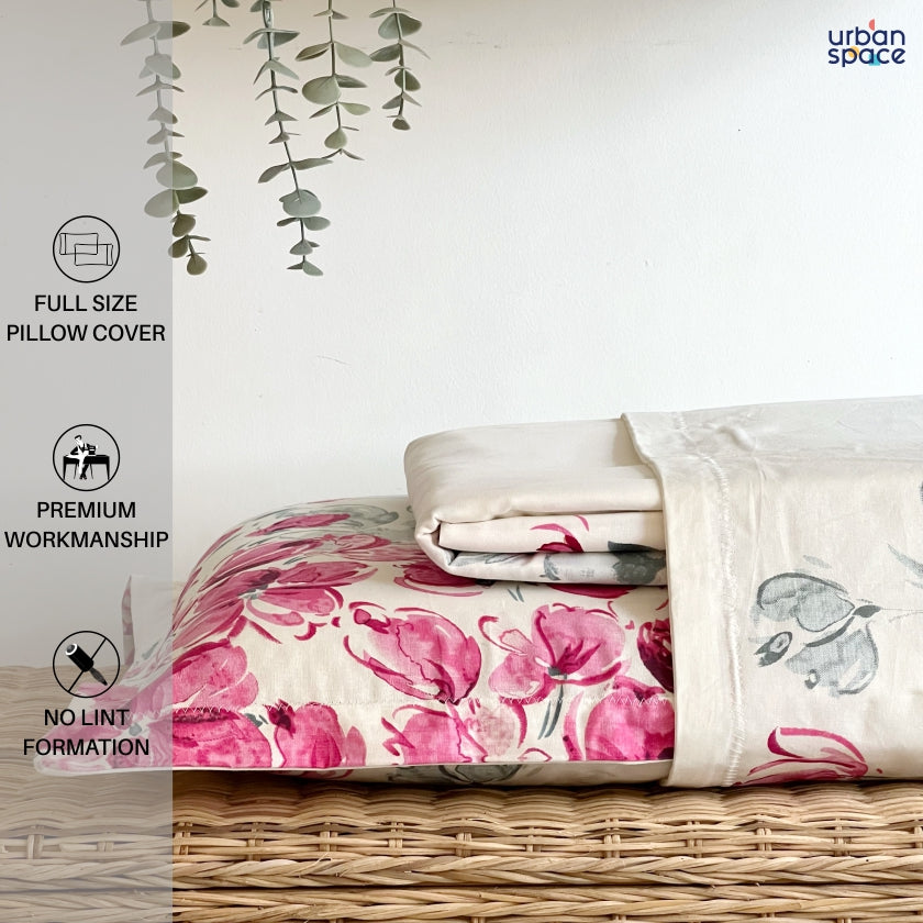 Serene 200 TC 100% Cotton Printed Bedsheet with Pillow Covers - Majestic Pink