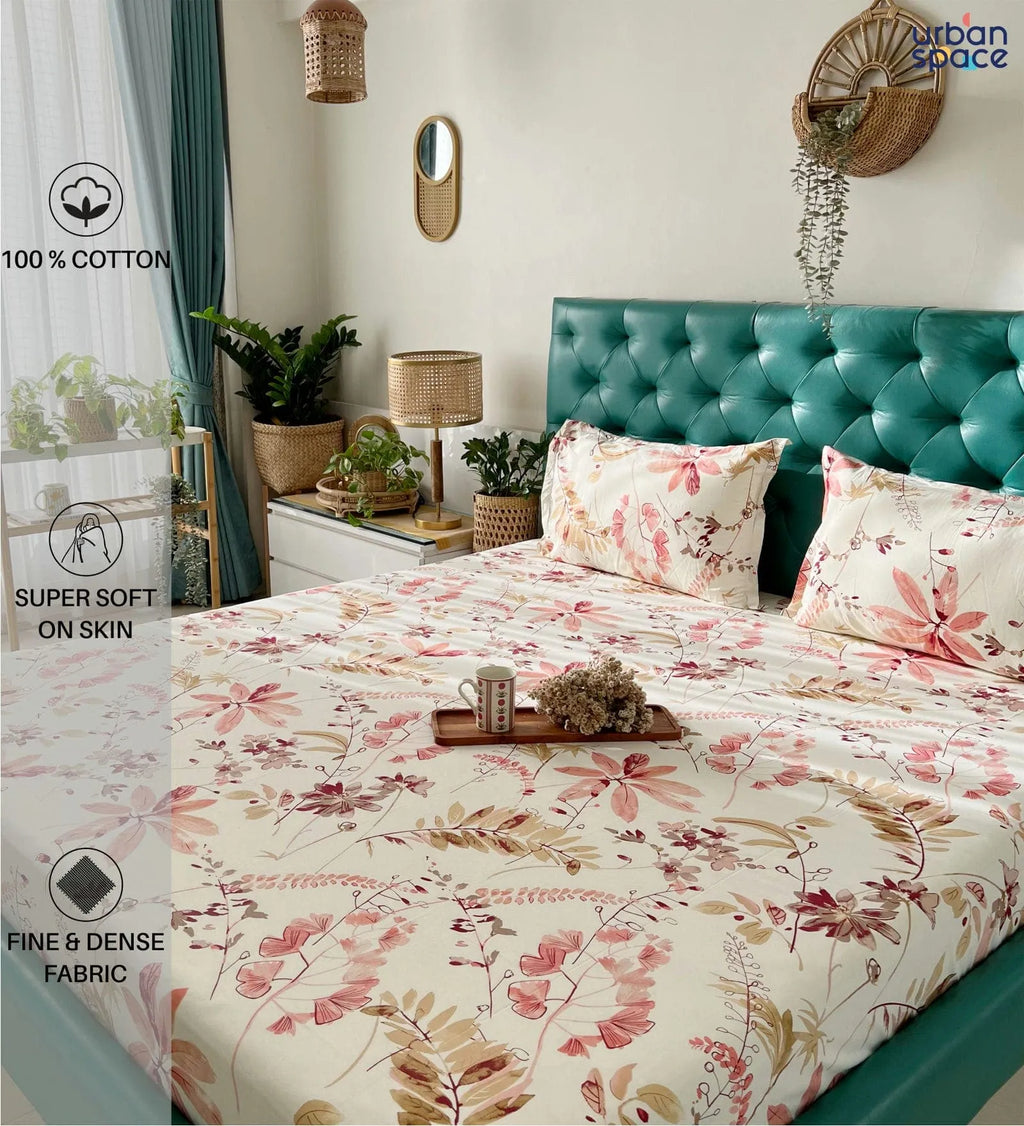 Gift Box Serene 200 TC 100% Cotton Printed Bedsheet with Pillow Covers - Floral Feast Peach