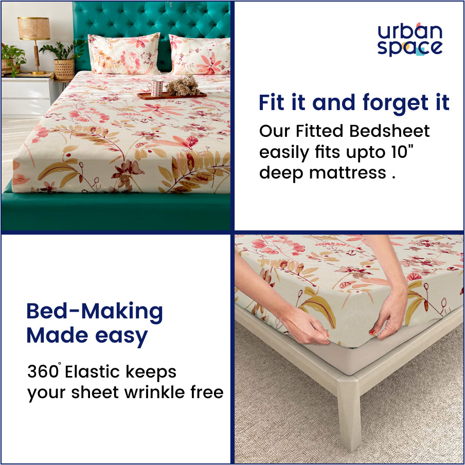 Serene 200 TC 100% Cotton Printed Bedsheet with Pillow Covers - Floral Feast Peach