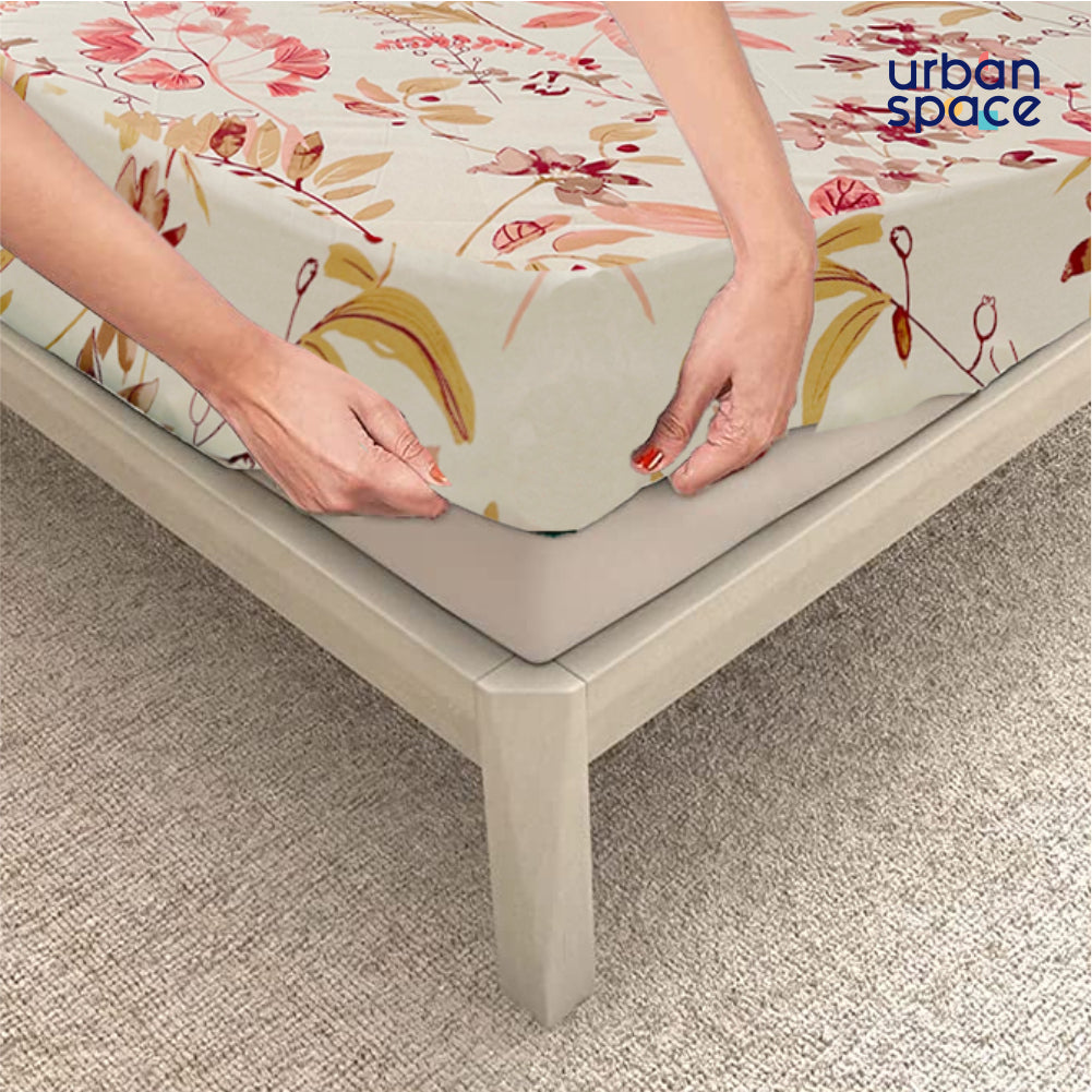 Serene 200 TC 100% Cotton Printed Bedsheet with Pillow Covers - Floral Feast Peach