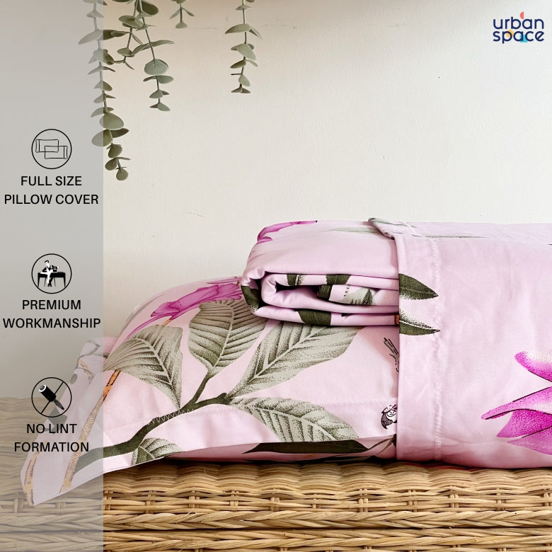 Serene 200 TC 100% Cotton Printed Bedsheet with Pillow Covers, Bloom Ray Pink