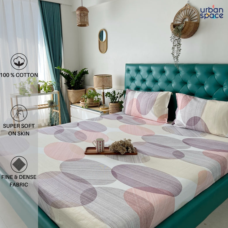 Serene 200 TC 100% Cotton Printed Bedsheet with Pillow Covers - Oval Pink