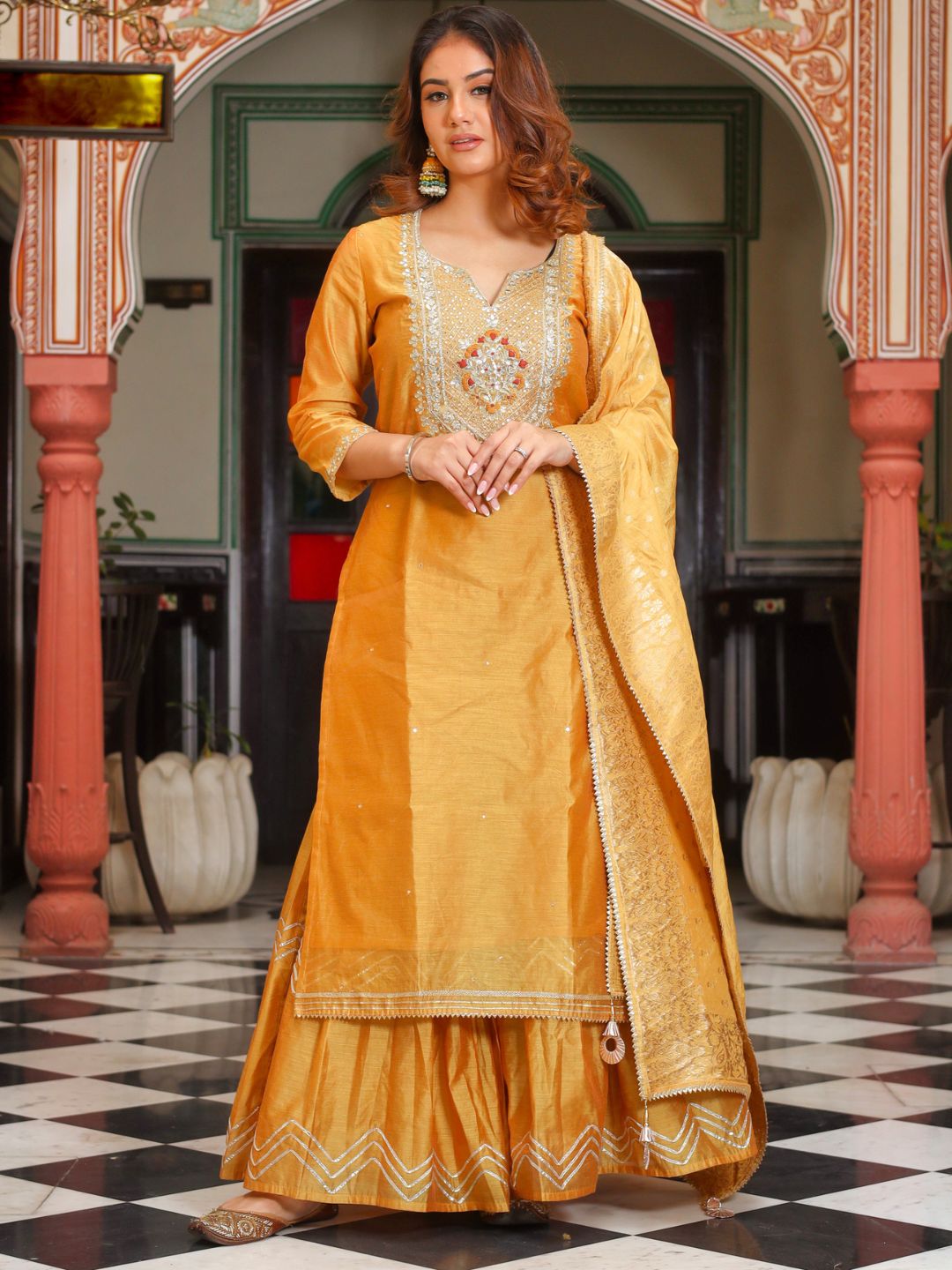 Divena Yellow Gold Embroidered Chenderi Kurta Sharara Set with Dupatta