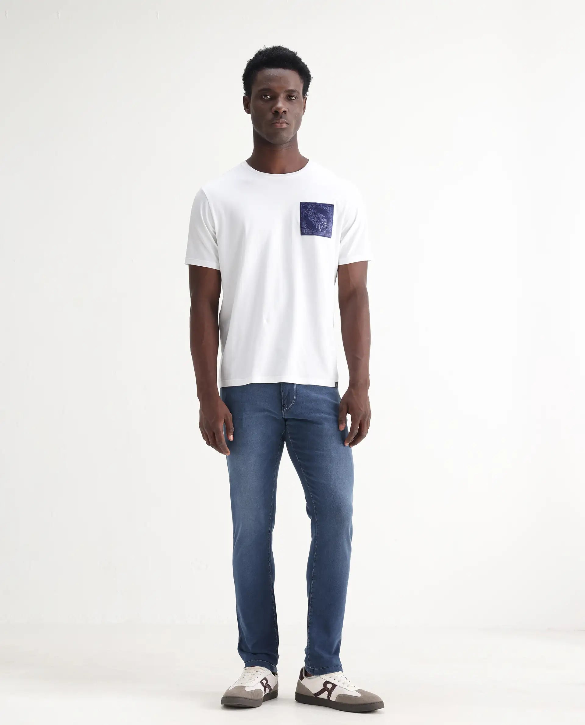 Rare Rabbit Men's Vadim Blue Cotton Plain Hawk Slim Fit Jeans