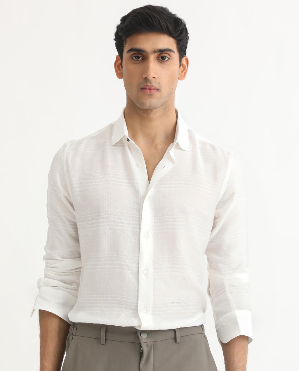 Rare Rabbit Men's Vagen Off White Viscose Checked Print Regular Fit Full Sleeve Collared Shirt