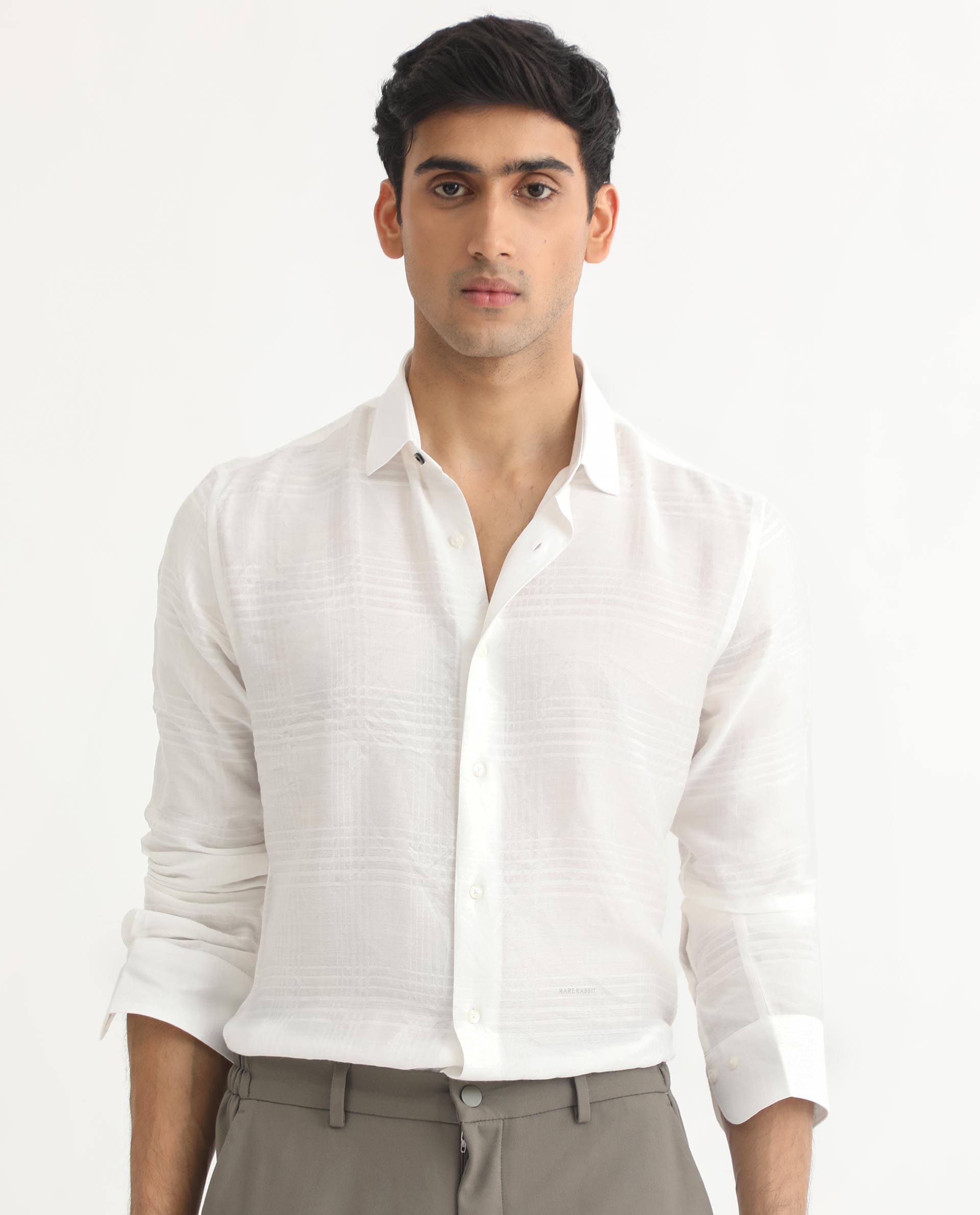Rare Rabbit Men's Vagen Off White Viscose Checked Print Regular Fit Full Sleeve Collared Shirt