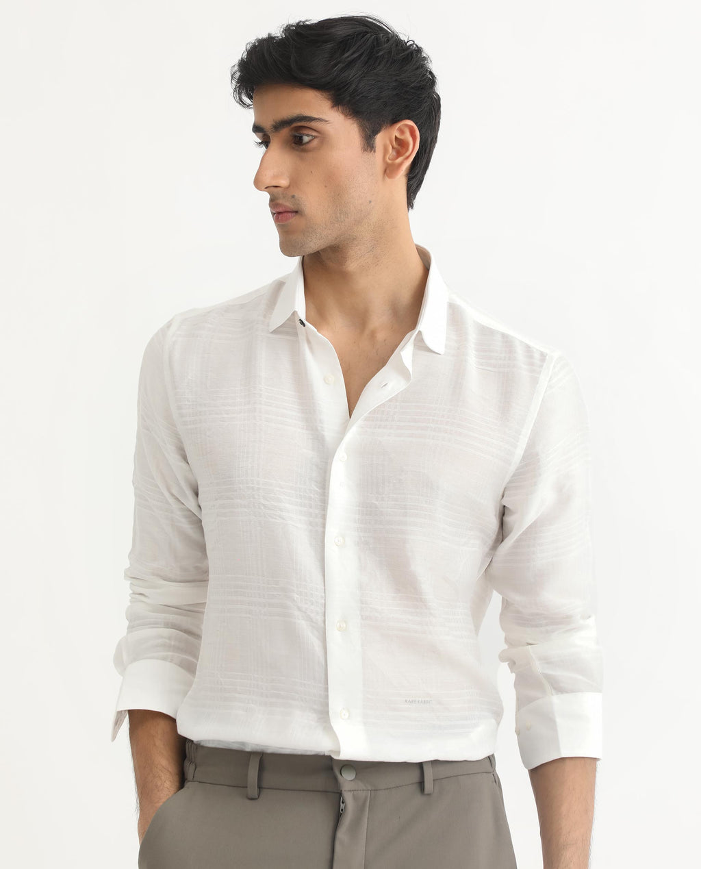 Rare Rabbit Men's Vagen Off White Viscose Checked Print Regular Fit Full Sleeve Collared Shirt