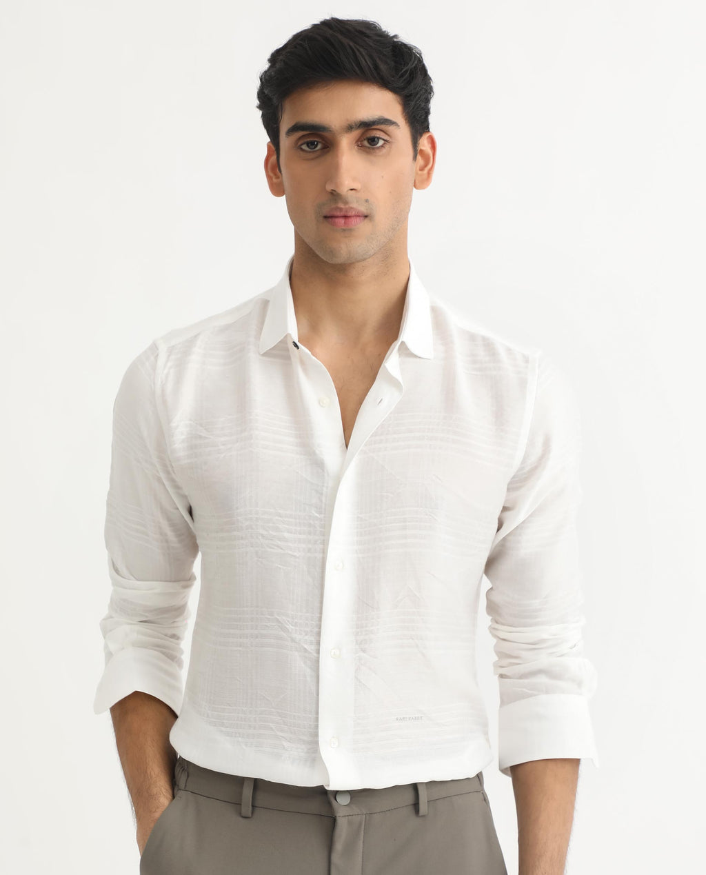 Rare Rabbit Men's Vagen Off White Viscose Checked Print Regular Fit Full Sleeve Collared Shirt