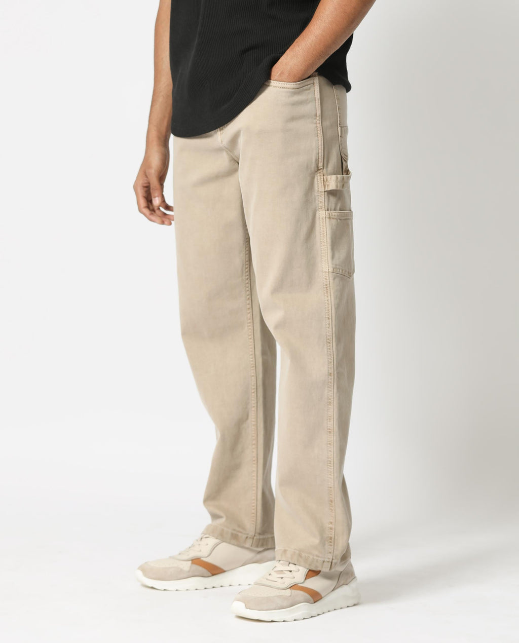 Rare Rabbit Men's Vannes Beige Cotton Plain Carpenter Fit Jeans